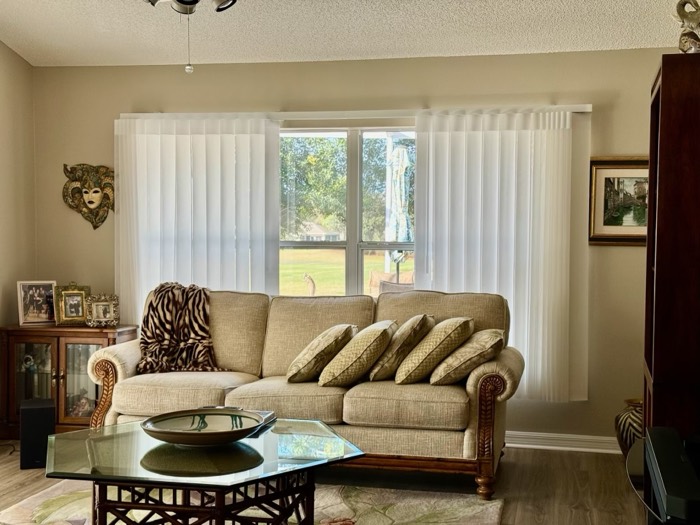 Wave sheer drapery in a living room with a garden view
