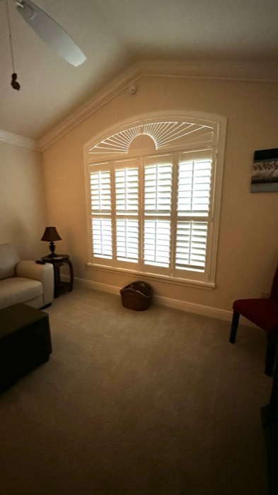 Arched sunburst plantation shutter in a room with a vaulted ceiling