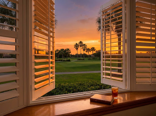 Beautiful wooden plantation shutters looking out at a warm sunset